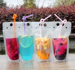 500ml Drink Pouches Bags frosted Stand-up Plastic Drinking Bag with straw with holder Reclosable Heat-Proof SN4336