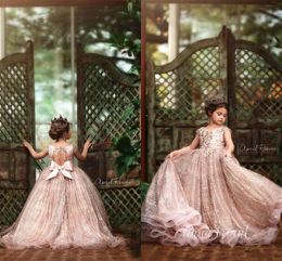 2023 Girls Pageant Dresses Rose Gold Sequined Lace Ball Gown Short Sleeves Open Back Sequins Blush Pink Birthday Wedding Party Dresses Teenage Dresses