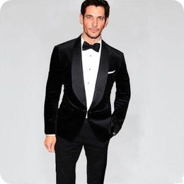 New Latest Design One Button Black Velvet Wedding Groom Tuxedos Shawl Lapel Groomsmen Men Suits Prom Blazer (Jacket+Pants+Tie) 114
