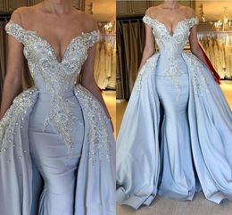 Beading Sequins Mermaid Prom Dresses With Detachable Train Sexy Off The Shoulder Elegant Satin Evening Gowns Women Formal Wear AL3457