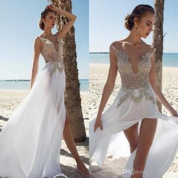 Boho Front Split Wedding Dresses V Neck Beading Bohemian Beach Garden Wedding Gown Robes De Mariee