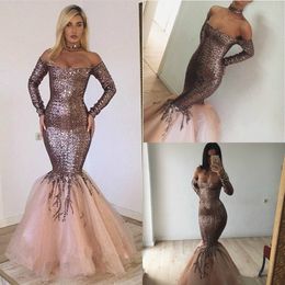 2019 Rose Gold Evening Dresses Off The Shoulder Sequins Sweep Floor Length Mermaid Prom Dress Custom Made Long Sleeve Special Occasion Gowns