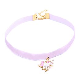 4 Colour Girls Children Kids Women New Cute Unicorn Pendant Lace Choker Necklace Enamel Animal Cartoon Jewellery