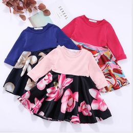 Baby Girls Dresses Kids Floral Printed Dress Children Long Sleeve Patchwork Princess Dress Spring Autumn Casual Boutique Clothes CYP622