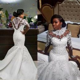mermaid wedding dresses plus size beaded high collar lace appliques bridal gowns sweep train long sleeve wedding dress