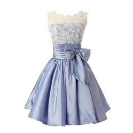 2019 New Lovely Lace Satin Mini Prom Dresses With Bow Buttons Plus Size Homecoming Cocktail Party Special Occasion Gown Vestido Fiesta BH44