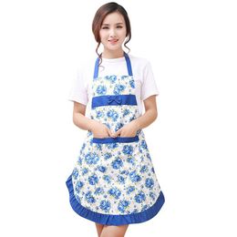 Women Bib Floral Print Bowknot Kitchen Restaurant Cooking Pocket Dress Apron