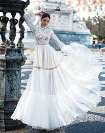 Long Sleeves Wedding Dresses High Neck Illusion Newest Bohemian Beach Vestidos De Novia Lace Appliques Floor Length Bridal Gowns