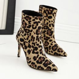 2018 Womens Fashion Ankle Boots Leopard Print Female Zip Pointed Toe Thin High Heels Ladies Shoes Non-slip Rubber Sole