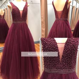 Sexy Burgundy A Line Evening Dresses V Neck Beads Pearls Tiered Tulle Backless Vestidos Special Occasion Dresses Evening Wear robe de soiree