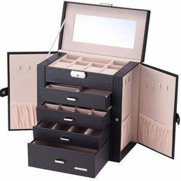 -Wholesales envoi gratuit Bijoux en cuir synthétique énorme boîte Mirrored Montre Organisateur Collier Bague Boucle d'oreille Verrouillable cas cadeau Noir