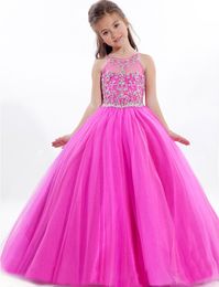 Hot Pink Beaded Pageant Dress For Little Girls Full Skirt Long Tulle Kids Party Gown Birthday Prom Dress Custom Made
