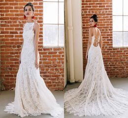 2019 Backless Mermaid Wedding Dresses Spaghetti Lace Appliqued Sweep Train Beach Wedding Dress Custom Made Boho Bohemian Bridal Gowns