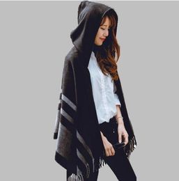 High quality women winter scarf fashion striped black beige ponchos and capes hooded thick warm shawls and scarves femme outwear GB1403