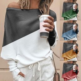 Women T-Shirt Patchwork Tops off shoulder Long Sleeve Summer Casual Soft Tops Female Contrast Colour Tees Girls LJJA2981