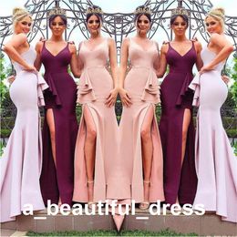 New Burgundy Bridesmaid Dresses Sexy High Slit Spaghetti Sleeveless Backless Junior Maid of Honour Beach Mermaid Wedding Party Gowns BD8893