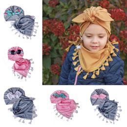 New Baby Kids Bowknot Hat Neck Warmer Triangular Scarf 2pcs/Set Children Beanie Skull Cap Tassels Neckerchief Bib 15374