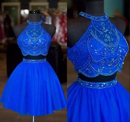Royal Blue Beaded Short Homecoming Dresses 2 Pieces Prom Gowns Beaded Rhinestones Formal Cocktail Party Dress Hollow Back Two Piece