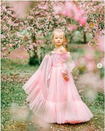 2019 New Pink Tulle A Line Long Sleeve Princess Flower Girl Dresses for Wedding Kids Clothes Baby Girl 1st Birthday Dress