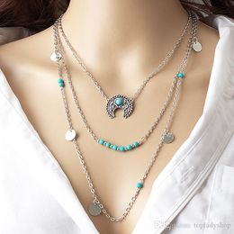 Europe and the United States foreign trade Bohemian retro moon turquoise sequins multi - layer combination necklace ornaments wholesa