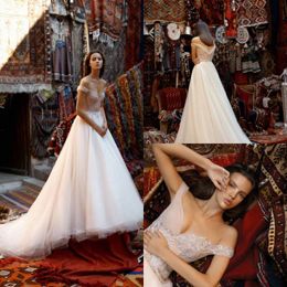 2020 Elegant A Line Wedding Dresses Portrait Sequins Applique Rhinestone Wedding Gowns Tulle Sweep Train Gridal Gowns Vestidos De Novia