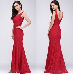 Stock V Neck Lace Mermaid Long Evening Dresses Sleeveless Fitted Low Back Party Prom Dresses vestido de festa CPS722