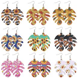 Bohemian Statement PU Leather Earrings Jewelry Vintage Ethnic Sunflower Printing Leaf Shape Dangle Earrings for Women