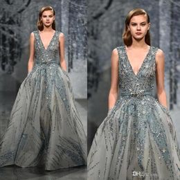 Elie Saab v Boyun Dantel Bir Çizgi Gece Elbise Dubai Abaya Arapça İnanılmaz Köpüklü Boncuklu Zemin Uzunluğu Balo Balo BC3616