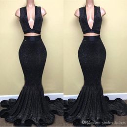 Black Two Piece Sequined Prom Dresses 2020 Deep V-Neck Sequined Cascading Ruffles Floor Length Formal Dress Evening Gowns ogstuff