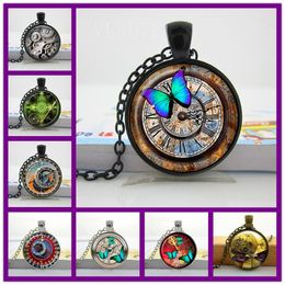 VERDVE Glass Photo Cabochon Necklace Steampunk Clock Necklace Glass Dome Pendant Handcrafted Jewellery Butterfly Pattern