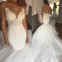 Modern Wedding Dresses 2020 With Spaghetti Straps Deep V neck Open Back Lace Tulle Chapel Train Mermaid Wedding Dress Bridal Gowns Cheap