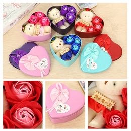 Metal Heart Shaped Rose Box With Bear Wedding Gift 3 Pcs Soap Flower Cartoon Bear Artificial Flower Mothers Valentines Gift Boxes BH2948 TQQ