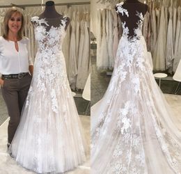 A Line Dreamy Wedding Dresses Applique Illusion Bodice Wedding Dresses Sweep Train Bribal Gowns Vestidos De Novia