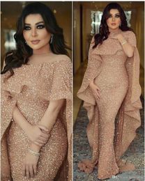 Arabic Gold Sequined Mermaid Evening Dresses with Wrap Vintage Elegant Floor Length Formal Party Prom Gowns BC0199