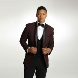 Hot Sale Burgundy Mens Suits One Button Groomsmen Wedding Tuxedos Shawl Lapel Groom Suit With Jacket Pants Vest Three Pieces Blazers