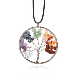 Natural Stone Pendulum Pendant Necklace for Women 7 Chakra Quartz Tree of Life Healing Crystal Reiki Jewelry Black Leather Cord Wax Chain