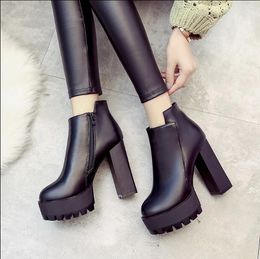 Hot Sale-2018 spring and autumn new European and American round head thick with side zipper plus velvet Martin boots female A47
