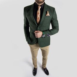 Dark Green Tweed Wedding Groom Tuxedos Handsome Slim Fit Pants Suits Prom Party Mens Formal Wear(Jacket+Pants)