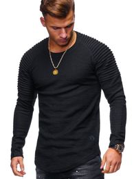 high quality Fashion Men's Round Neck Slim Solid Colour Long-sleeved T-shirt Striped Fold Raglan Sleeve Style T shirt Men Tops Tees