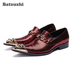 Batzuzhi Italy Type Men Shoes Gold Iron Toe Formal Leather Dress Shoes Business Men Wine Red Party and Wedding Shoes for Men,46