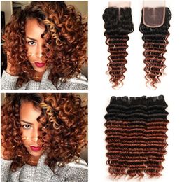 Dark Auburn Ombre Peruvian Deep Wave Human Hair 3Bundles with Closure #1B/33 Copper Red Ombre Lace Closure Piece 4x4 with Weave Bundles
