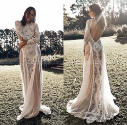 Vintage Lace Backless Boho Beach Wedding Dresses Long Sleeve Nude Lining Country Bohemian Wedding Gowns Hippie Gypsy Bride Dress