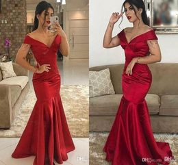 Dark Red Satin Mermaid Prom Dresses Long Off Shoulder Sweep Train Formal Evening Party Gowns ogstuff vestidos de fiesta Cheap