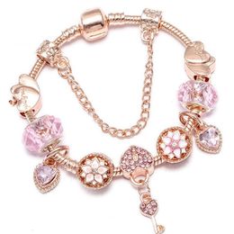Fashion luxury designer cute lovely key heart diamond crystal DIY European beads charm bangle bracelet for woman girls rose gold
