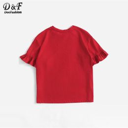 Letter Drop Shoulder Frill Sleeve Cute Tee Shirt Red Round Neck Short Sleeve Top Female Ruffle Letter Casual T-Shirt Trend