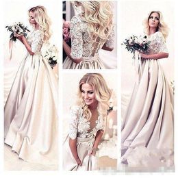 Champagne Lace 2020 Applique Prom Dresses With Half Sleeves Ribbon Illusion Bodice Jewel Neck Sweep Train Custom Made Evening Wear