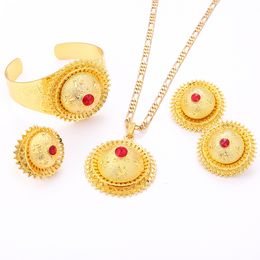 Gold Colour Ethiopian Necklace Pendant Earring Ring Bangle Sets With Bule Green Red Stone Africa Eritrea Habesha Wedding