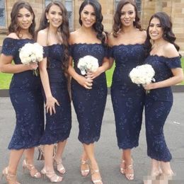 Short Bridesmaid Blue Navy Dresses Cap Sleeves Off The Shoulder Lace Applique Tea Length Made Of Honour Gown Country Wedding Guest Wear 0418