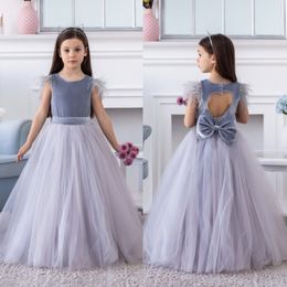 Cheap Feather Velvet Flower Girl Dresses For Wedding Hollow Back Toddler Pageant Gowns Floor Length Tulle Kids Prom Dress