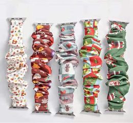 5 Colours Christmas Children's Watch Scrunchie Bands 38mm 42mm Elastic Scrunchies Bracelet Santa Claus Print Watch Belts Straps M814